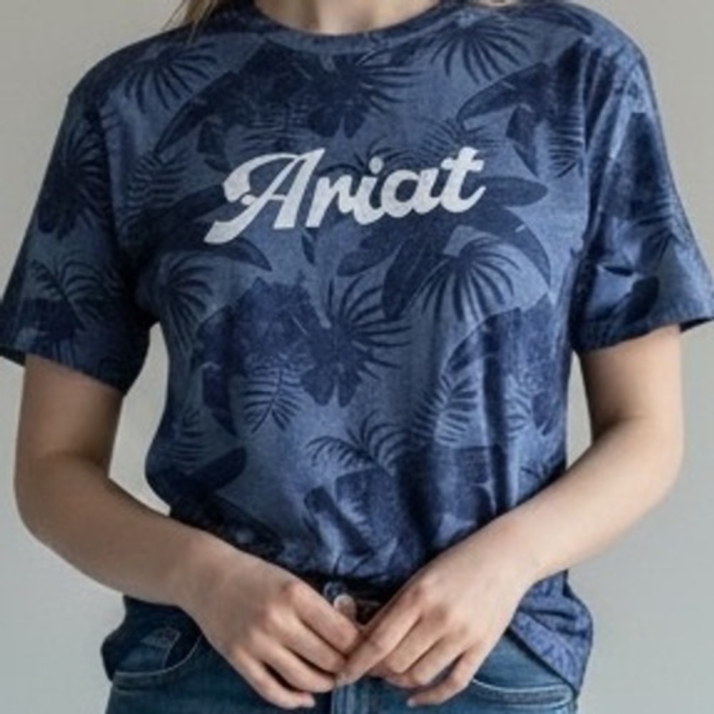 Ariat REAL Womens Island Shadow SS Tee Blue all over Tropical Palm T-Shirt M